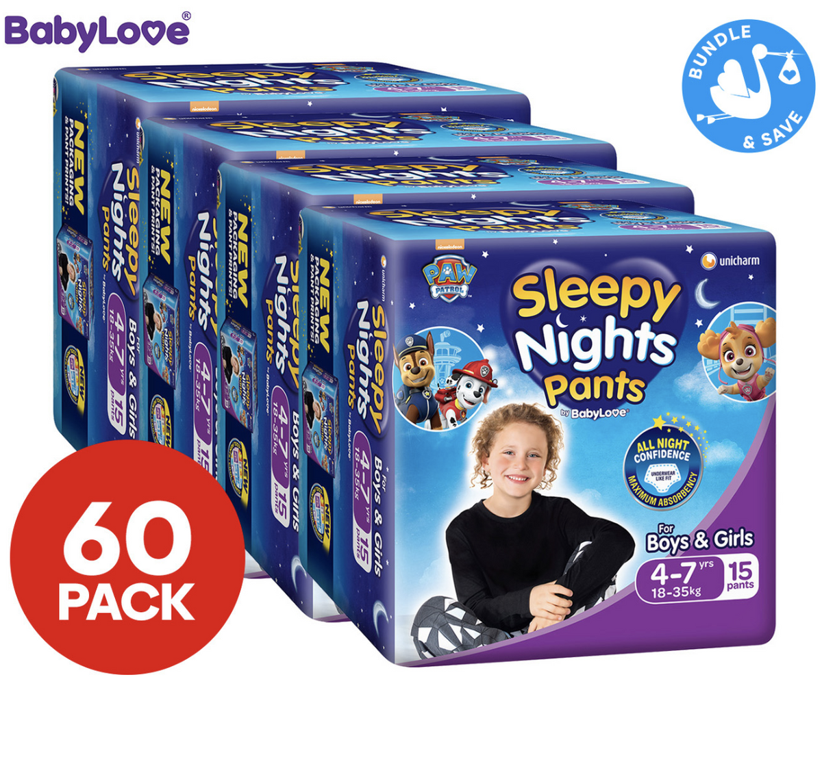 BabyLove 60 Piece (4 Pack x 15) Bulk Sleepy Nights Overnight Nappy Pants 18-35kg